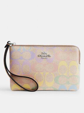 NWT NIB NEVER OPENED Coach Corner Zip Wristlet In Rainbow Signature Canvas